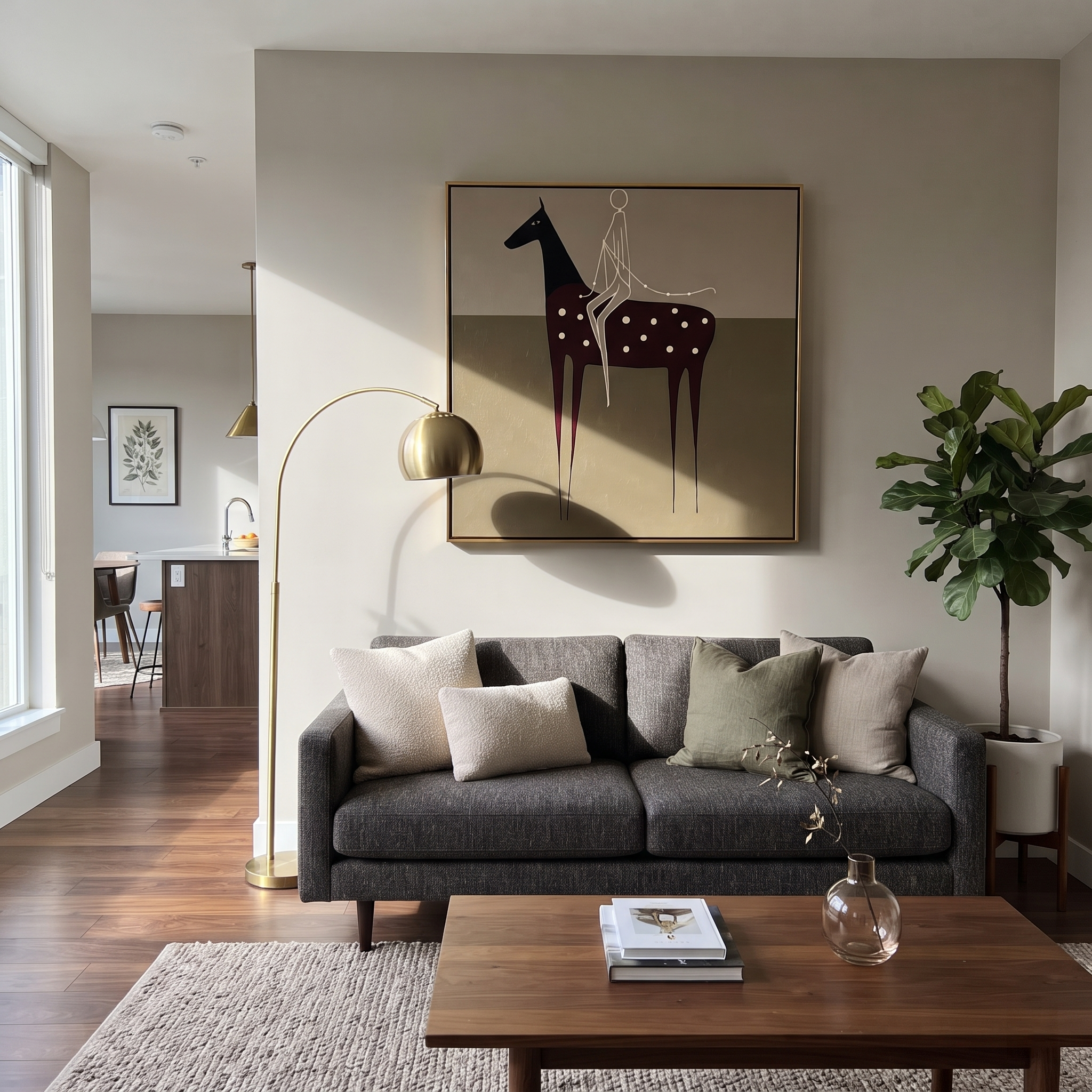 Wild Grace Share the Long Journey - symbolic horse and rider painting by Isabelle Laurent, modern Western square wall art – styled room scene view 2