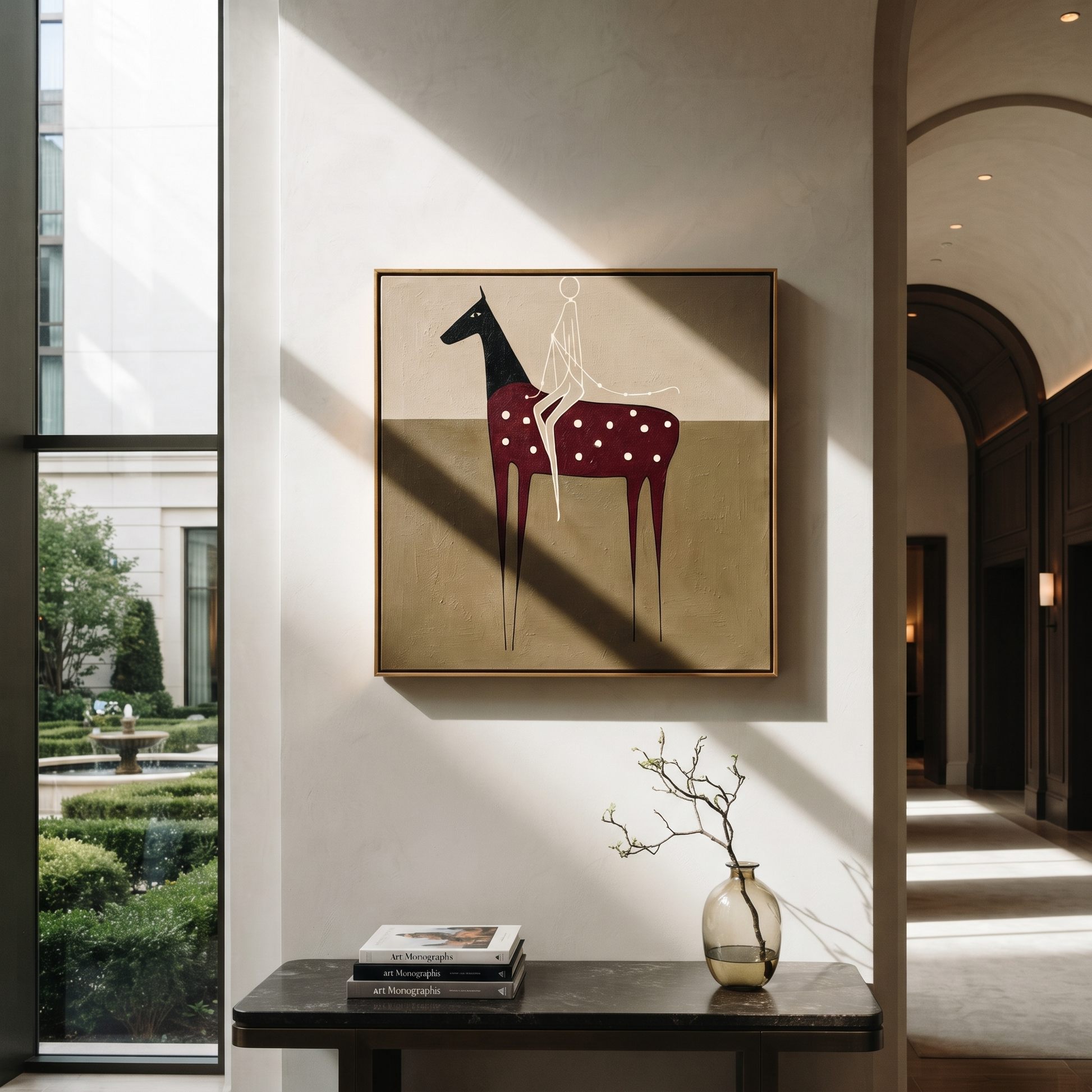 Wild Grace Share the Long Journey - symbolic horse and rider painting by Isabelle Laurent, modern Western square wall art – styled room scene view 4