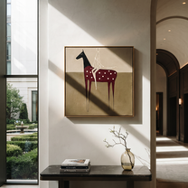 Wild Grace Share the Long Journey - symbolic horse and rider painting by Isabelle Laurent, modern Western square wall art – styled room scene view 4