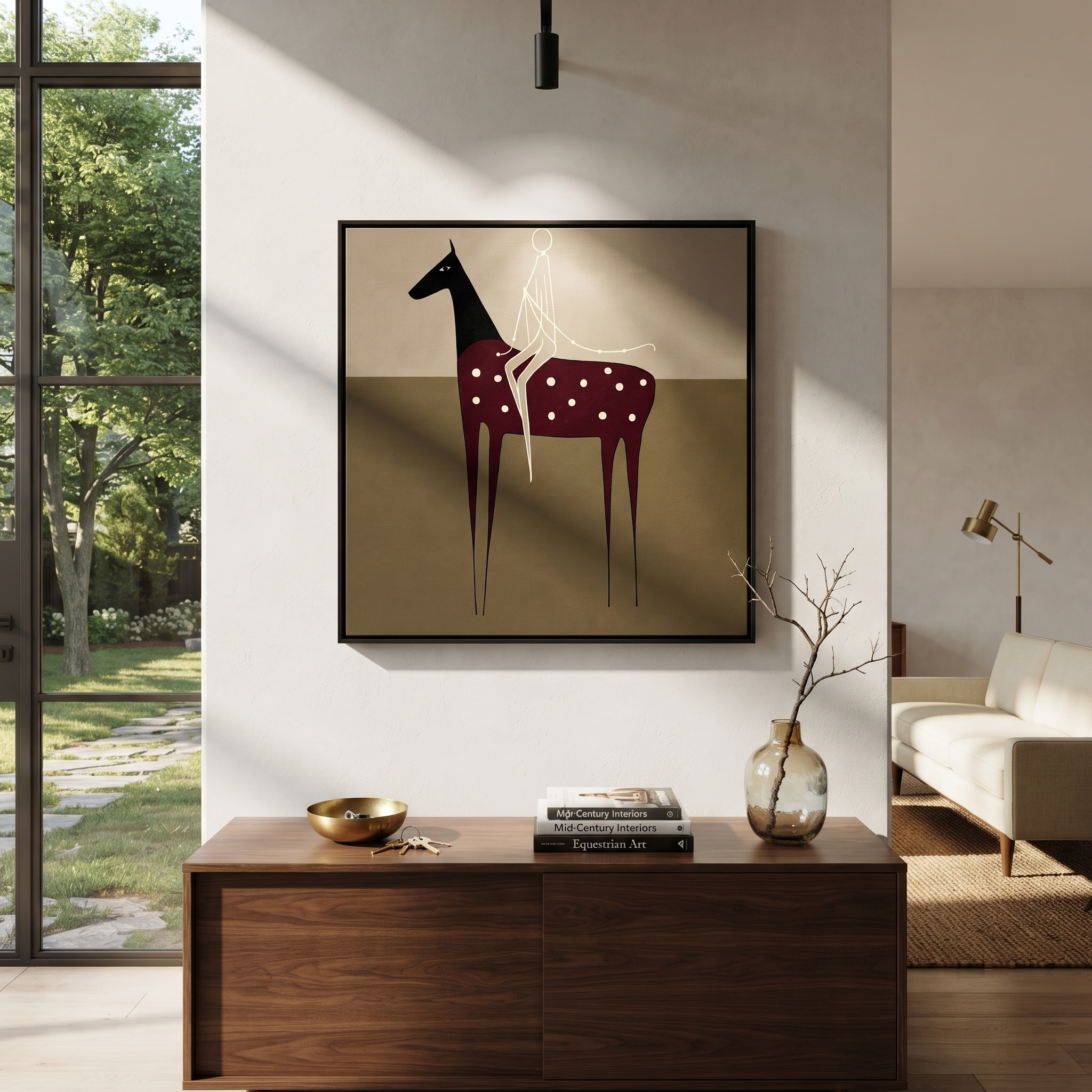 Wild Grace Share the Long Journey - symbolic horse and rider painting by Isabelle Laurent, modern Western square wall art – styled room scene view 5