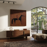 Sage Horizon Share the Long Journey - horse and rider painting by Isabelle Laurent, modern Western square wall art – styled room scene view 1