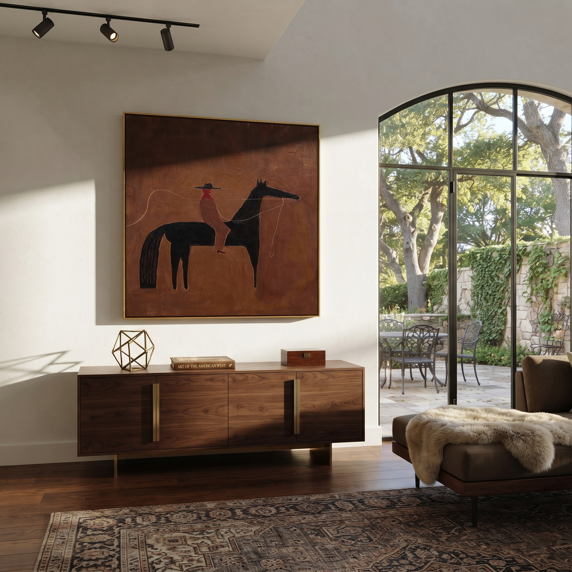 Sage Horizon Share the Long Journey - horse and rider painting by Isabelle Laurent, modern Western square wall art – styled room scene view 1