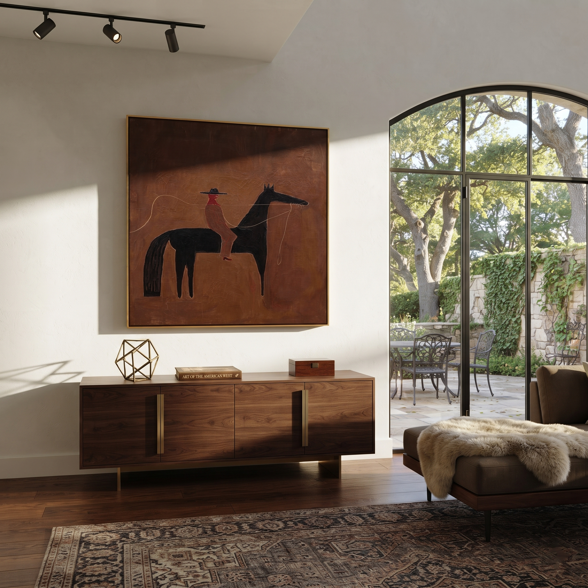 Sage Horizon Share the Long Journey - horse and rider painting by Isabelle Laurent, modern Western square wall art – styled room scene view 1