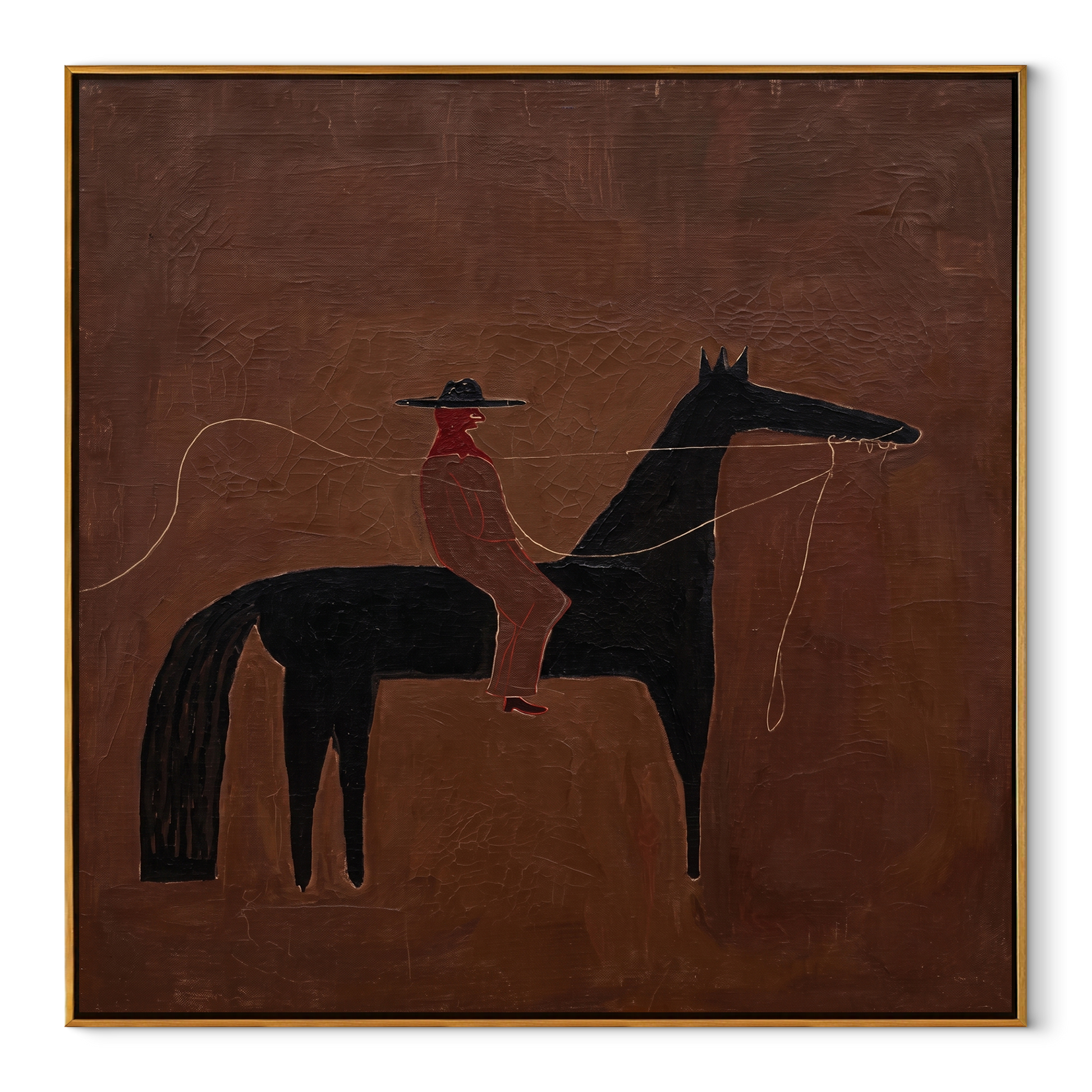 Sage Horizon Share the Long Journey - horse and rider painting by Isabelle Laurent, modern Western square wall art – wood frame on white background