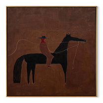 Sage Horizon Share the Long Journey - horse and rider painting by Isabelle Laurent, modern Western square wall art – wood frame on white background