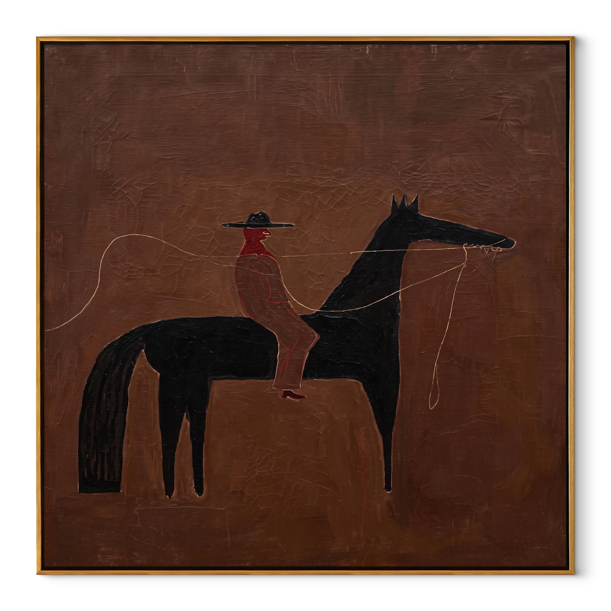 Sage Horizon Share the Long Journey - horse and rider painting by Isabelle Laurent, modern Western square wall art – wood frame on white background