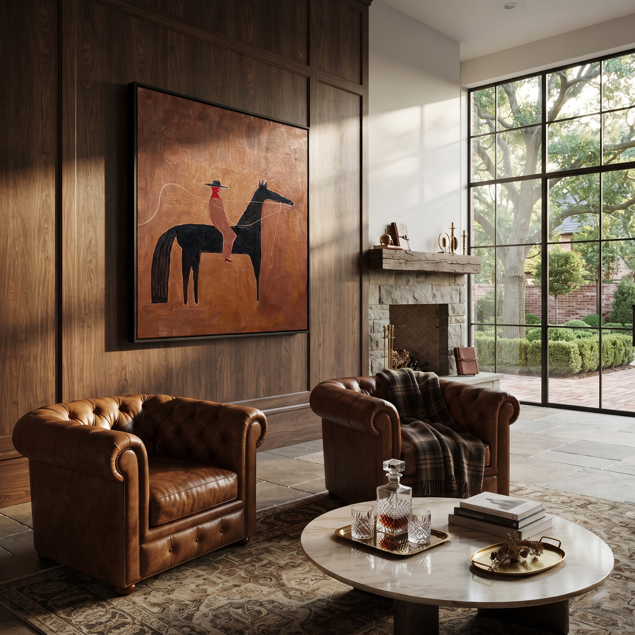 Sage Horizon Share the Long Journey - horse and rider painting by Isabelle Laurent, modern Western square wall art – styled room scene view 2