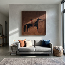 Sage Horizon Share the Long Journey - horse and rider painting by Isabelle Laurent, modern Western square wall art – styled room scene view 3