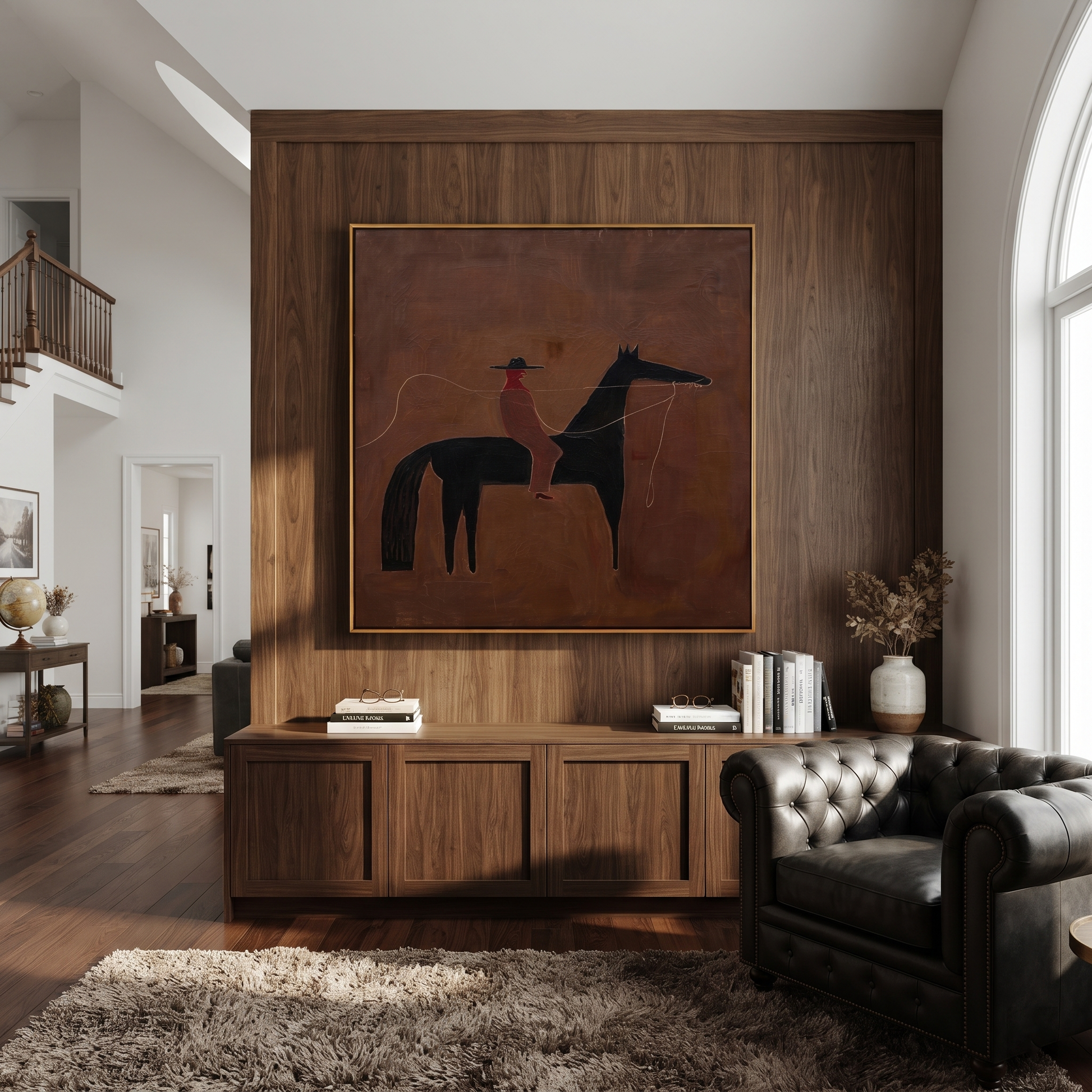 Sage Horizon Share the Long Journey - horse and rider painting by Isabelle Laurent, modern Western square wall art – styled room scene view 4