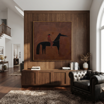 Sage Horizon Share the Long Journey - horse and rider painting by Isabelle Laurent, modern Western square wall art – styled room scene view 4