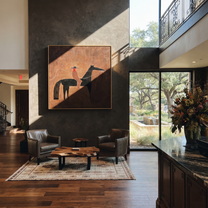 Sage Horizon Share the Long Journey - horse and rider painting by Isabelle Laurent, modern Western square wall art – styled room scene view 5