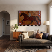 Amber Trail Share the Long Journey - running horse painting by Isabelle Laurent, modern Western horizontal wall art – styled room scene view 1