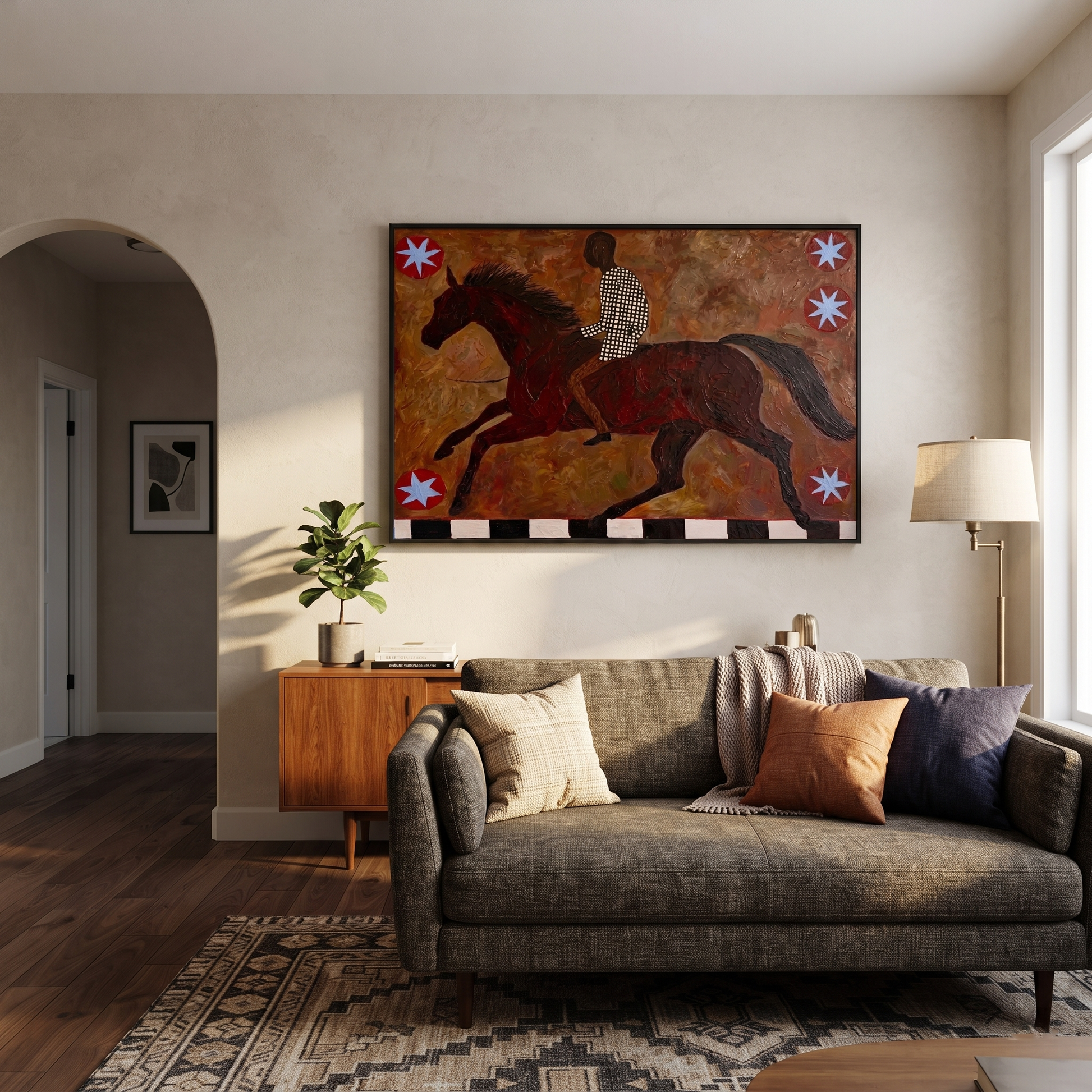Amber Trail Share the Long Journey - running horse painting by Isabelle Laurent, modern Western horizontal wall art – styled room scene view 1