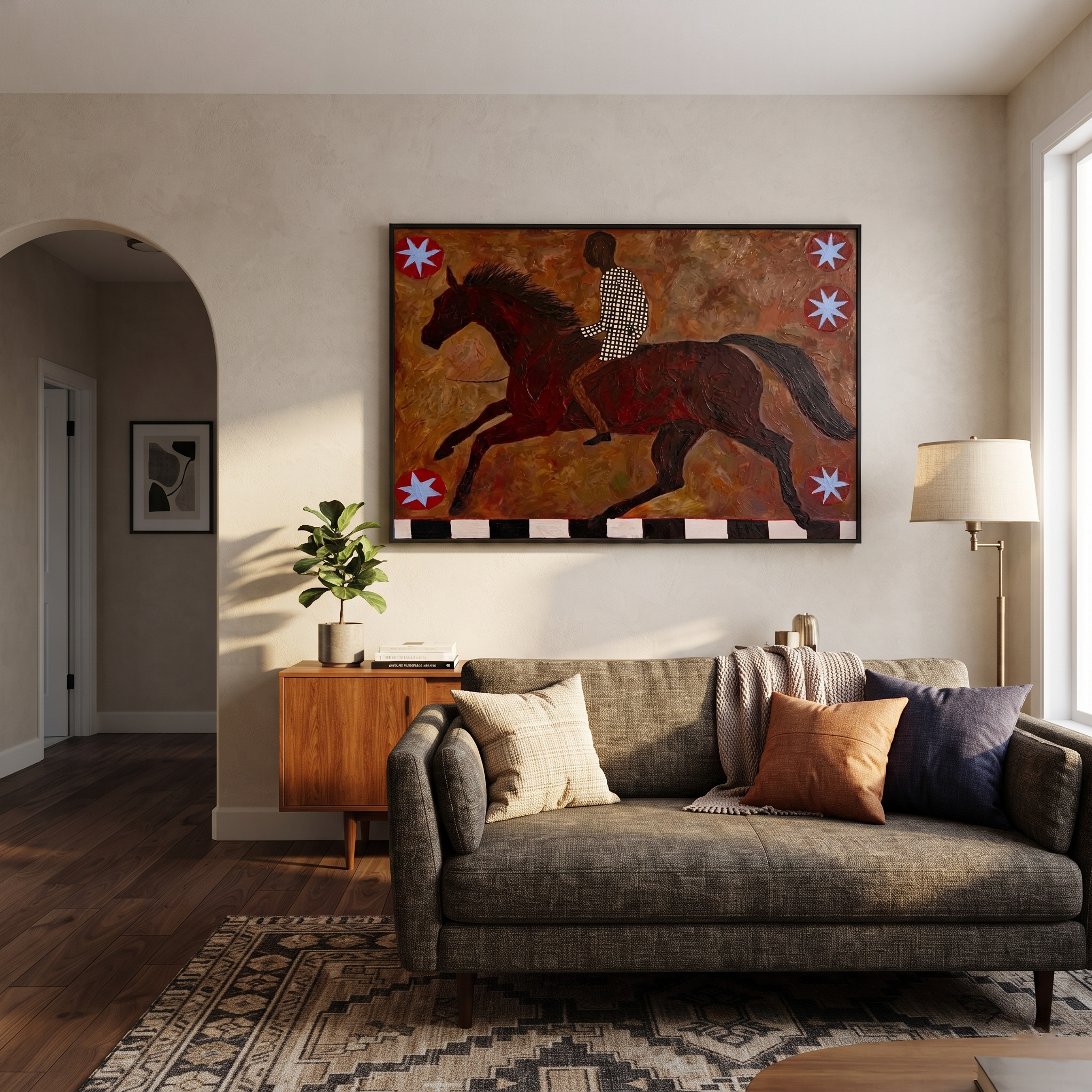 Amber Trail Share the Long Journey - running horse painting by Isabelle Laurent, modern Western horizontal wall art – styled room scene view 1