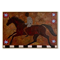 Amber Trail Share the Long Journey - running horse painting by Isabelle Laurent, modern Western horizontal wall art – wood frame on white background