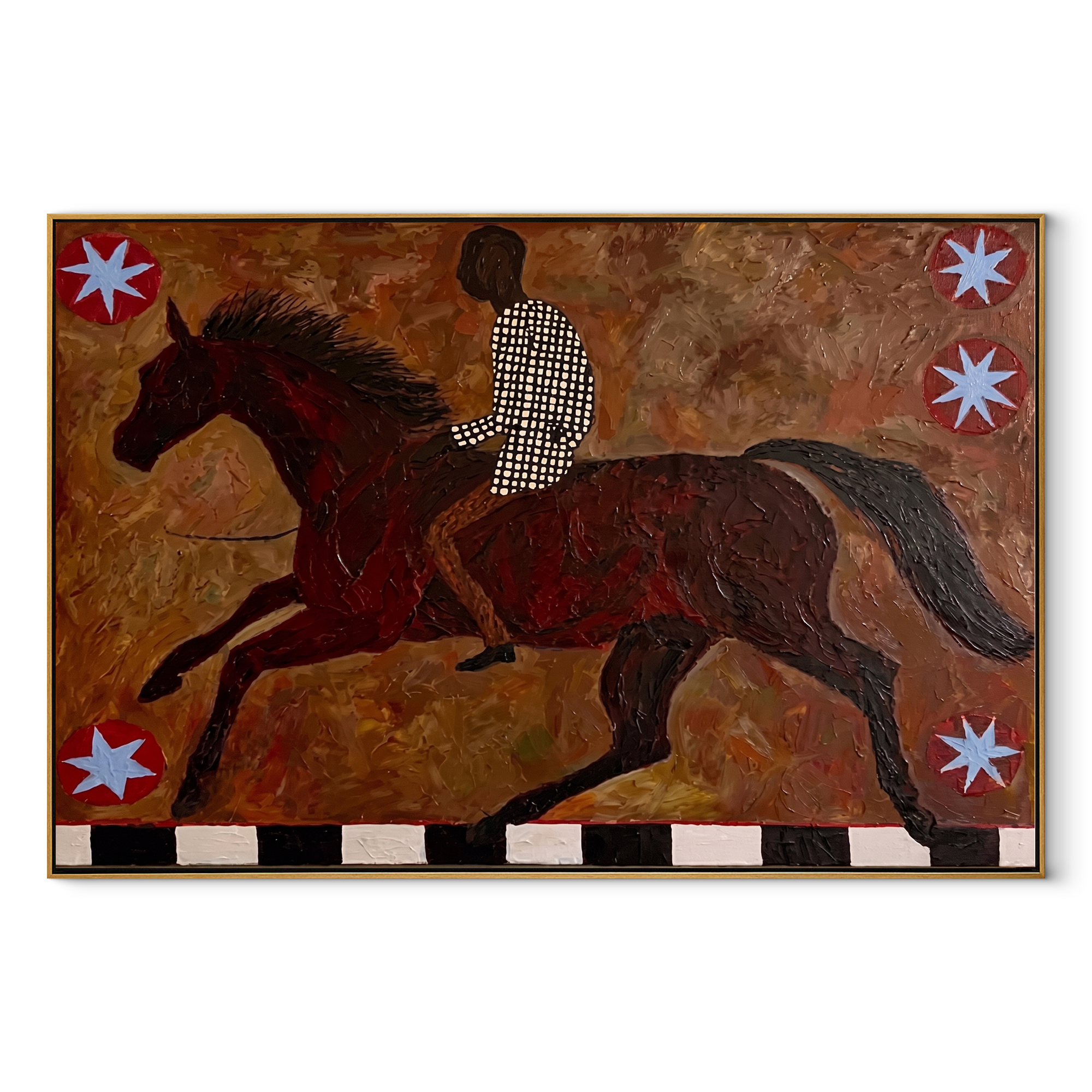 Amber Trail Share the Long Journey - running horse painting by Isabelle Laurent, modern Western horizontal wall art – wood frame on white background