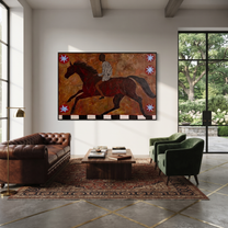 Amber Trail Share the Long Journey - running horse painting by Isabelle Laurent, modern Western horizontal wall art – styled room scene view 2