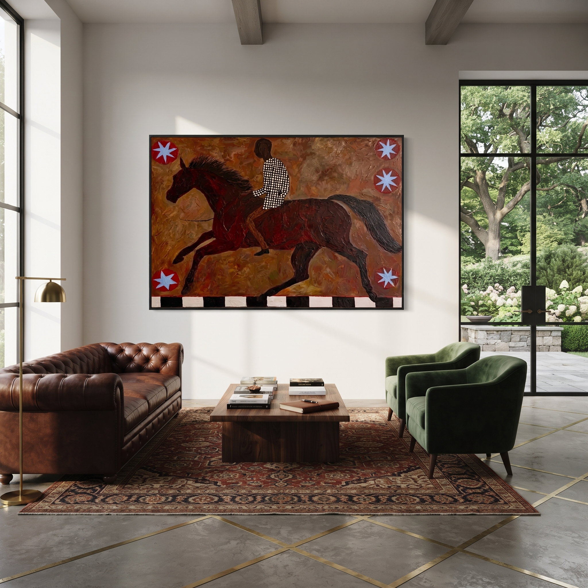 Amber Trail Share the Long Journey - running horse painting by Isabelle Laurent, modern Western horizontal wall art – styled room scene view 2