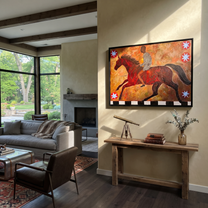 Amber Trail Share the Long Journey - running horse painting by Isabelle Laurent, modern Western horizontal wall art – styled room scene view 3
