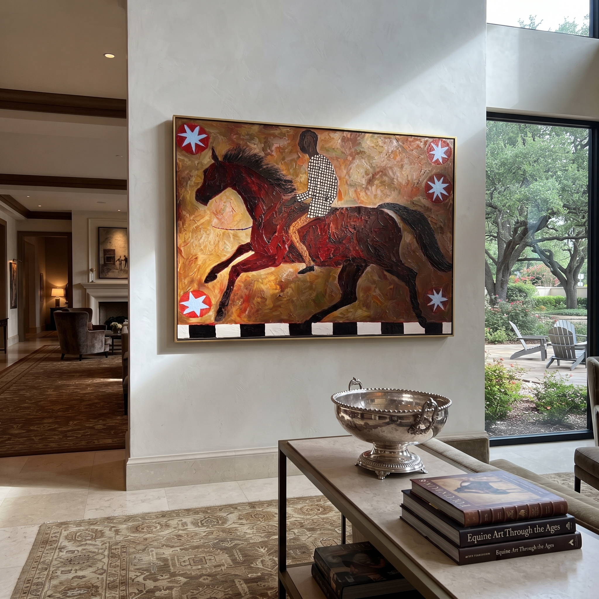 Amber Trail Share the Long Journey - running horse painting by Isabelle Laurent, modern Western horizontal wall art – styled room scene view 4
