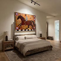 Amber Trail Share the Long Journey - running horse painting by Isabelle Laurent, modern Western horizontal wall art – styled room scene view 5