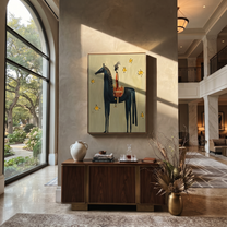 Still Hooves Return at Dusk - folk horse painting by Isabelle Laurent, modern Western vertical wall art – styled room scene view 1