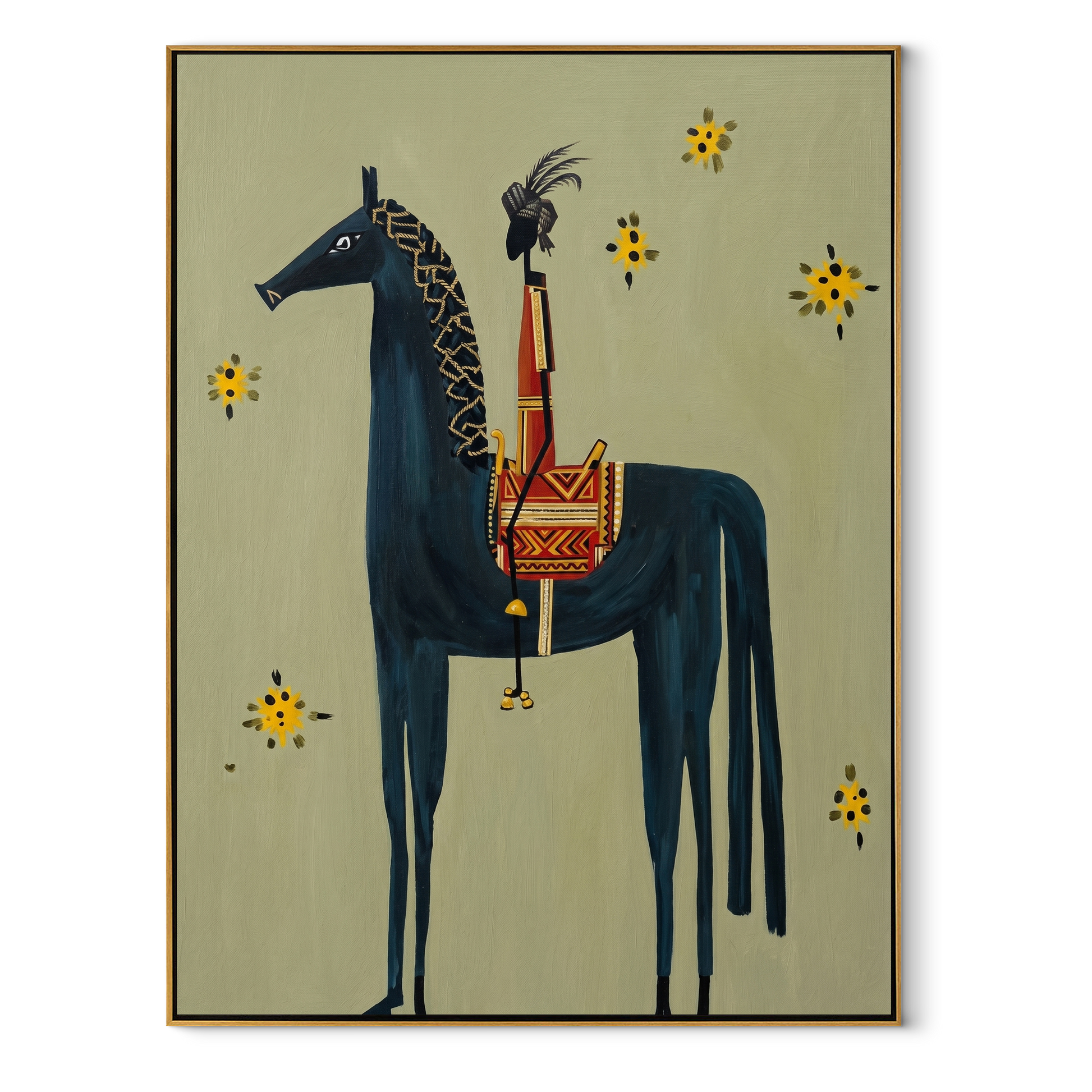 Still Hooves Return at Dusk - folk horse painting by Isabelle Laurent, modern Western vertical wall art – wood frame on white background