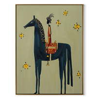 Still Hooves Return at Dusk - folk horse painting by Isabelle Laurent, modern Western vertical wall art – wood frame on white background