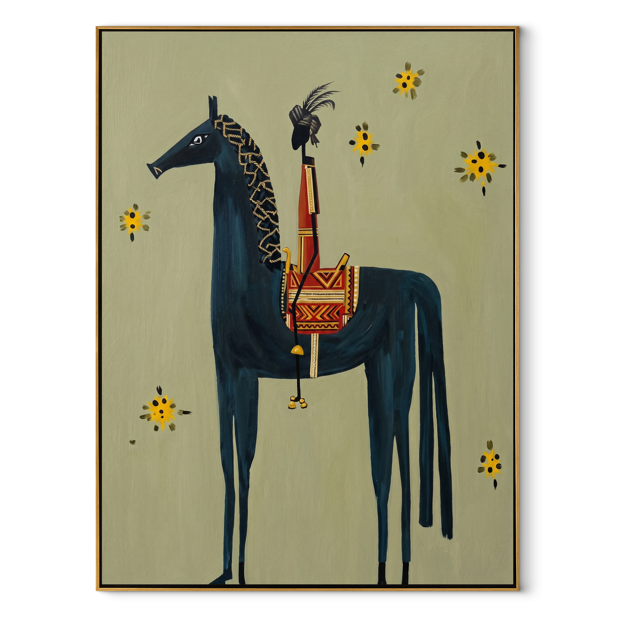 Still Hooves Return at Dusk - folk horse painting by Isabelle Laurent, modern Western vertical wall art – wood frame on white background