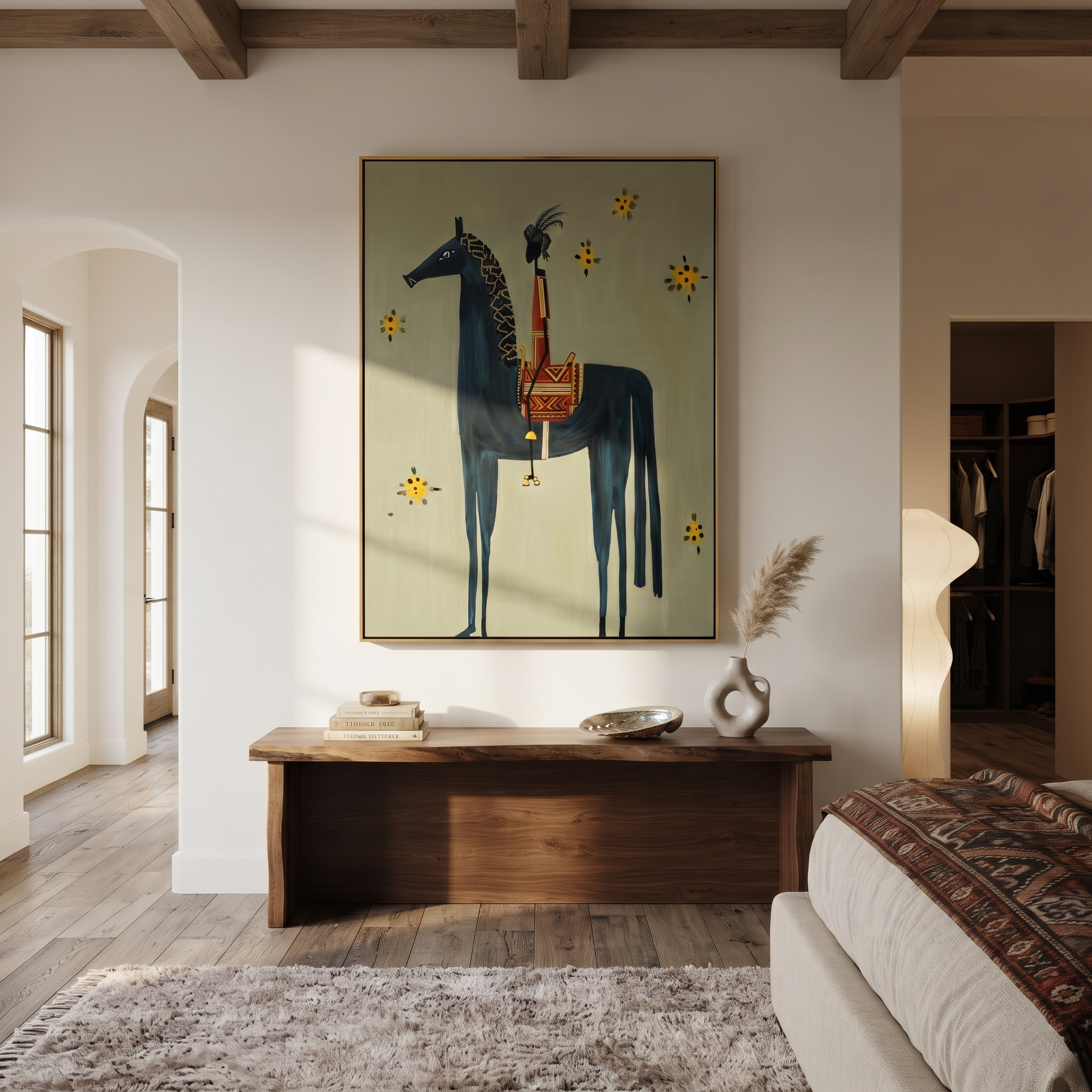 Still Hooves Return at Dusk - folk horse painting by Isabelle Laurent, modern Western vertical wall art – styled room scene view 2