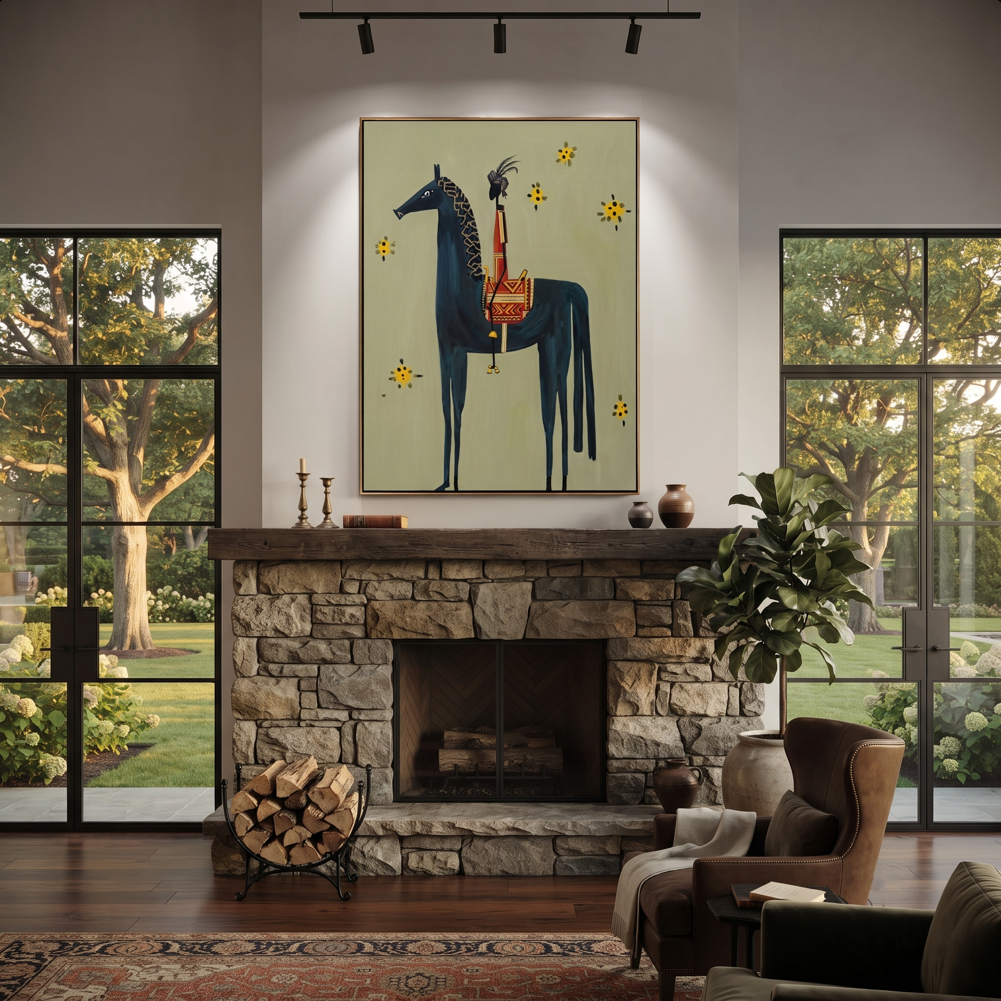 Still Hooves Return at Dusk - folk horse painting by Isabelle Laurent, modern Western vertical wall art – styled room scene view 4