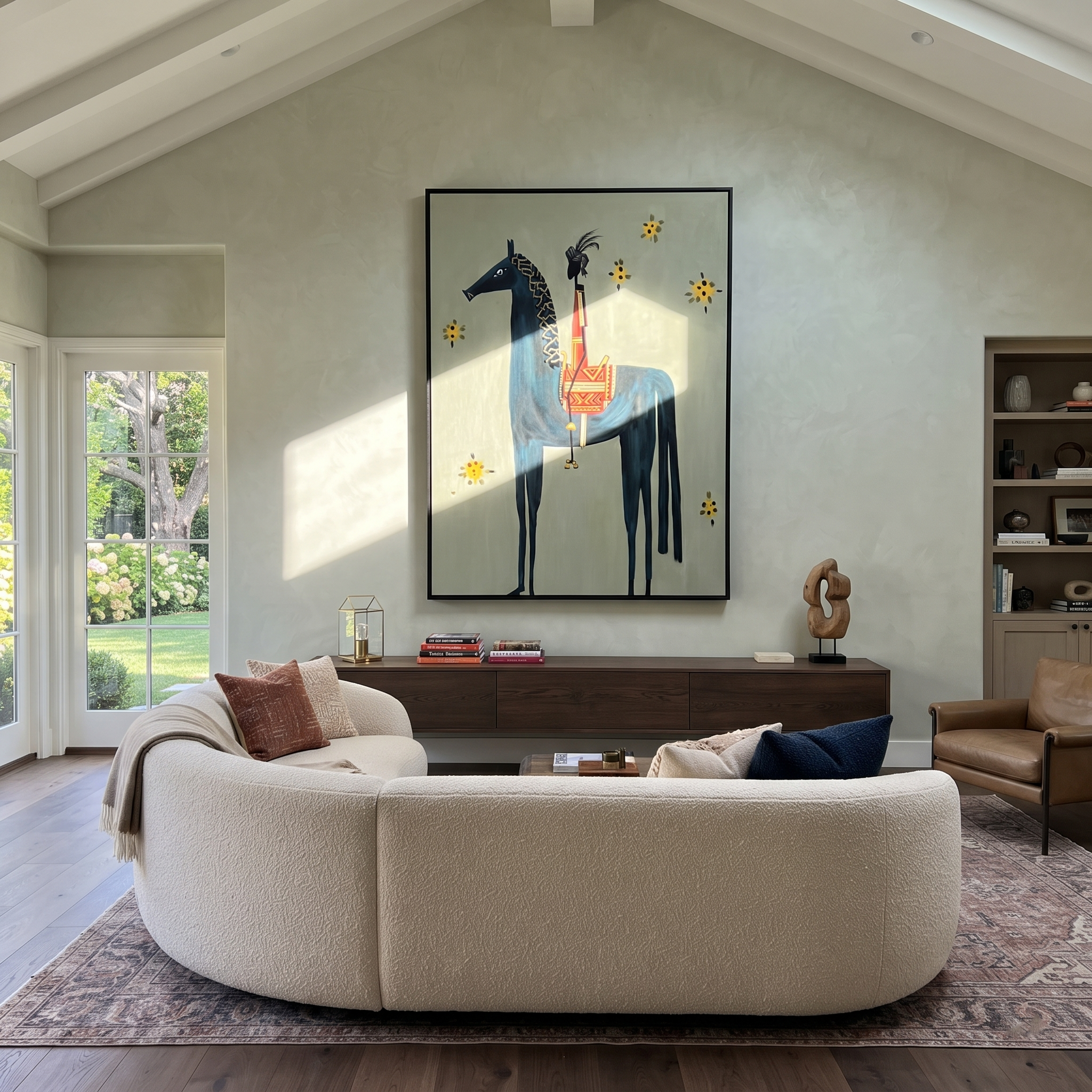 Still Hooves Return at Dusk - folk horse painting by Isabelle Laurent, modern Western vertical wall art – styled room scene view 5