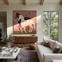 Midnight Rider Return at Dusk - two horse painting by Isabelle Laurent, modern Western square wall art – styled room scene view 1