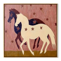 Midnight Rider Return at Dusk - two horse painting by Isabelle Laurent, modern Western square wall art – wood frame on white background