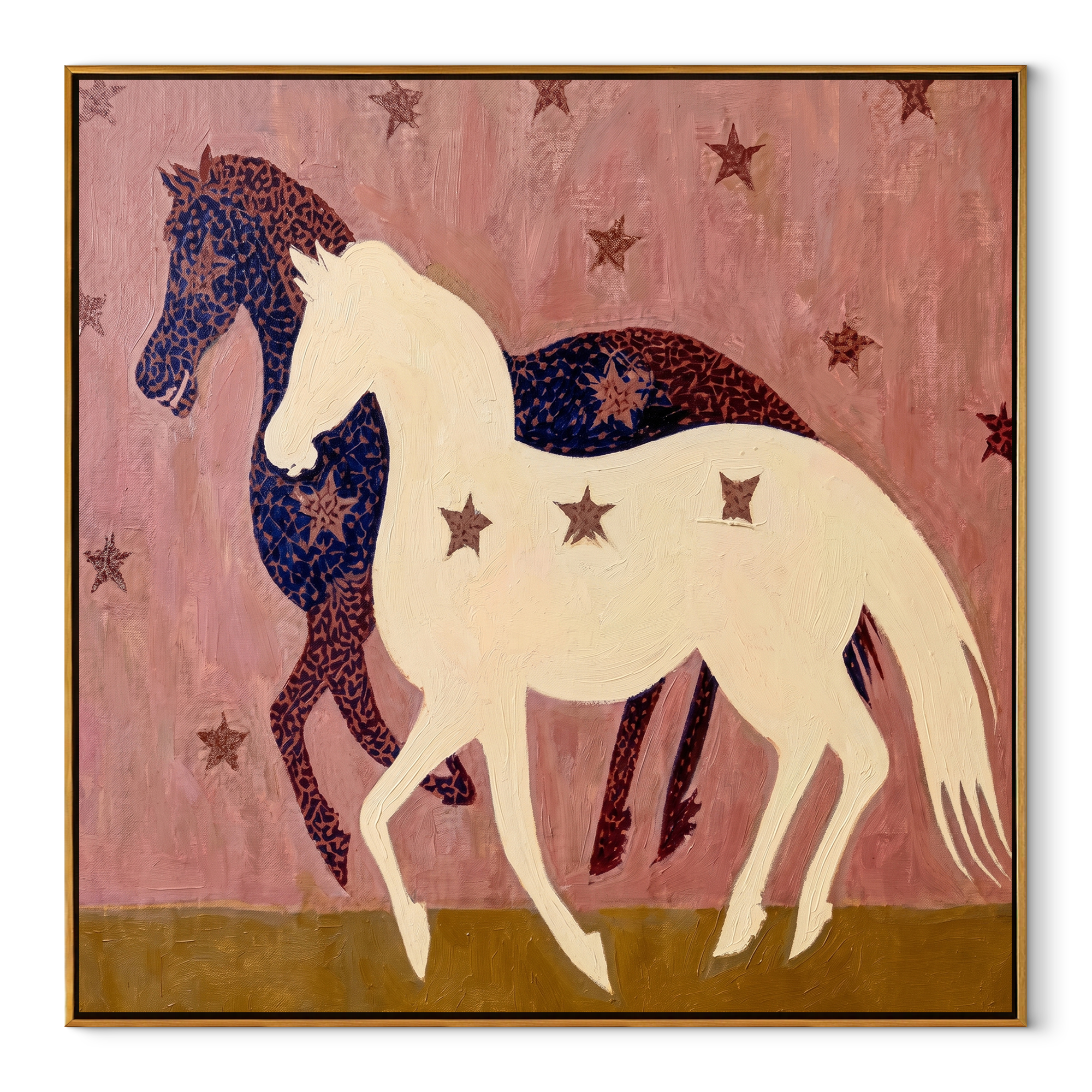 Midnight Rider Return at Dusk - two horse painting by Isabelle Laurent, modern Western square wall art – wood frame on white background