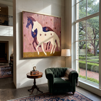 Midnight Rider Return at Dusk - two horse painting by Isabelle Laurent, modern Western square wall art – styled room scene view 2