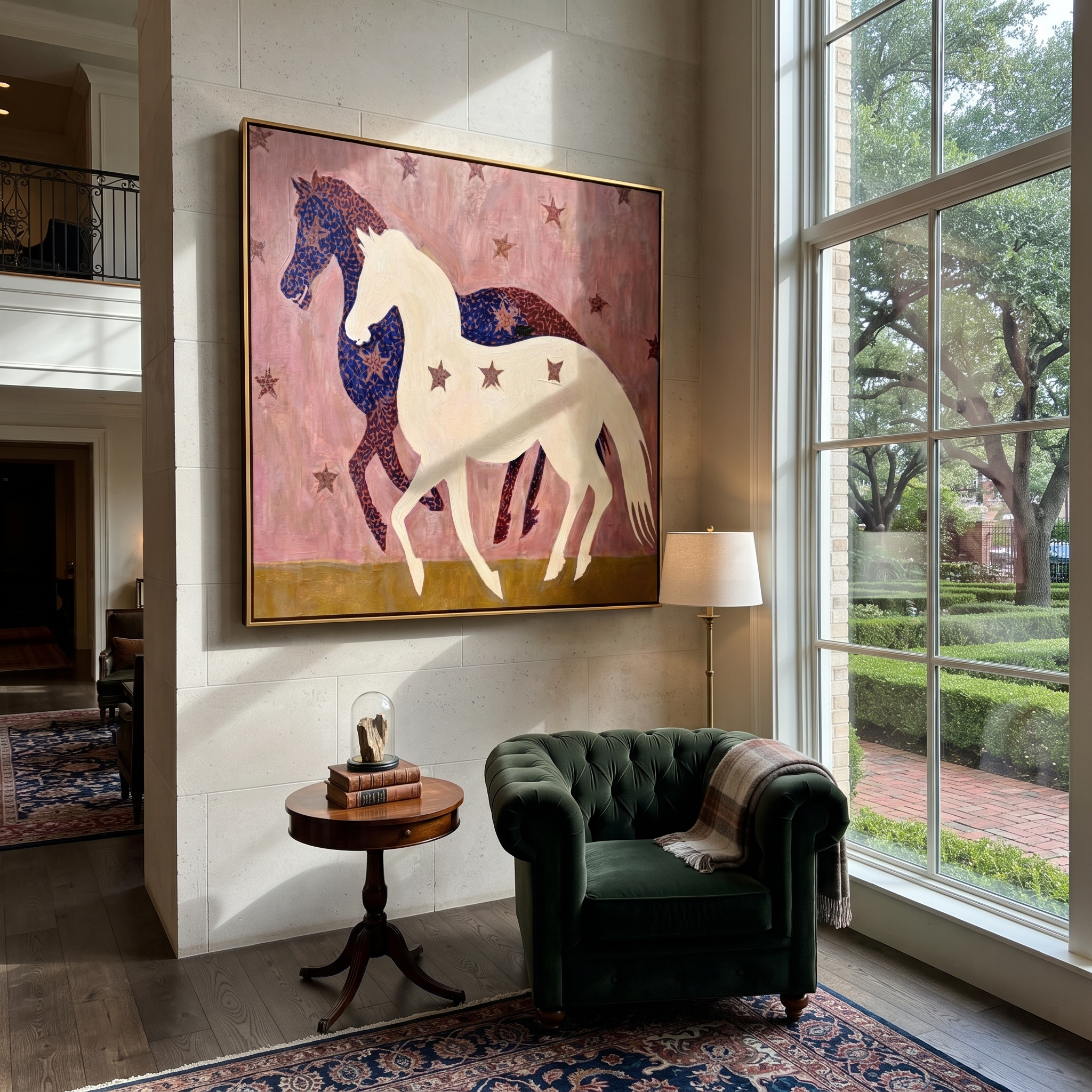 Midnight Rider Return at Dusk - two horse painting by Isabelle Laurent, modern Western square wall art – styled room scene view 2