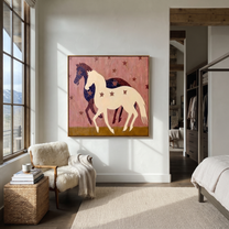 Midnight Rider Return at Dusk - two horse painting by Isabelle Laurent, modern Western square wall art – styled room scene view 3