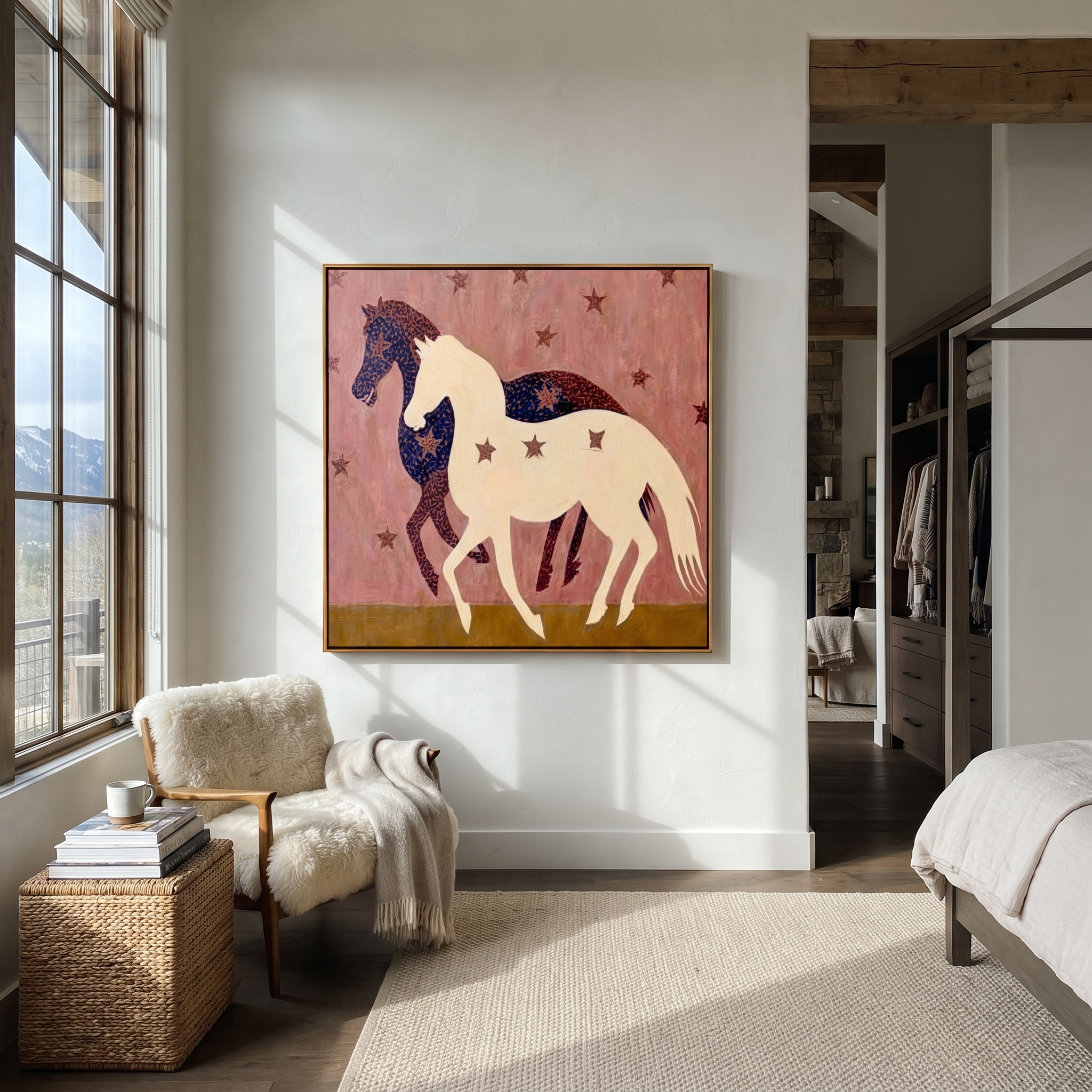 Midnight Rider Return at Dusk - two horse painting by Isabelle Laurent, modern Western square wall art – styled room scene view 3