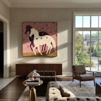 Midnight Rider Return at Dusk - two horse painting by Isabelle Laurent, modern Western square wall art – styled room scene view 4