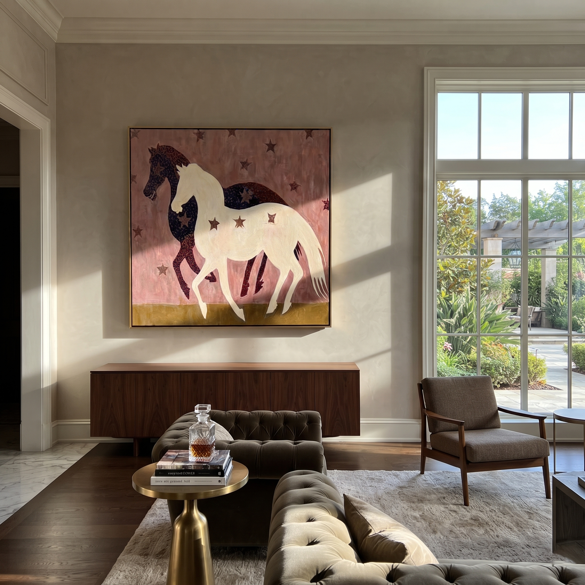 Midnight Rider Return at Dusk - two horse painting by Isabelle Laurent, modern Western square wall art – styled room scene view 4