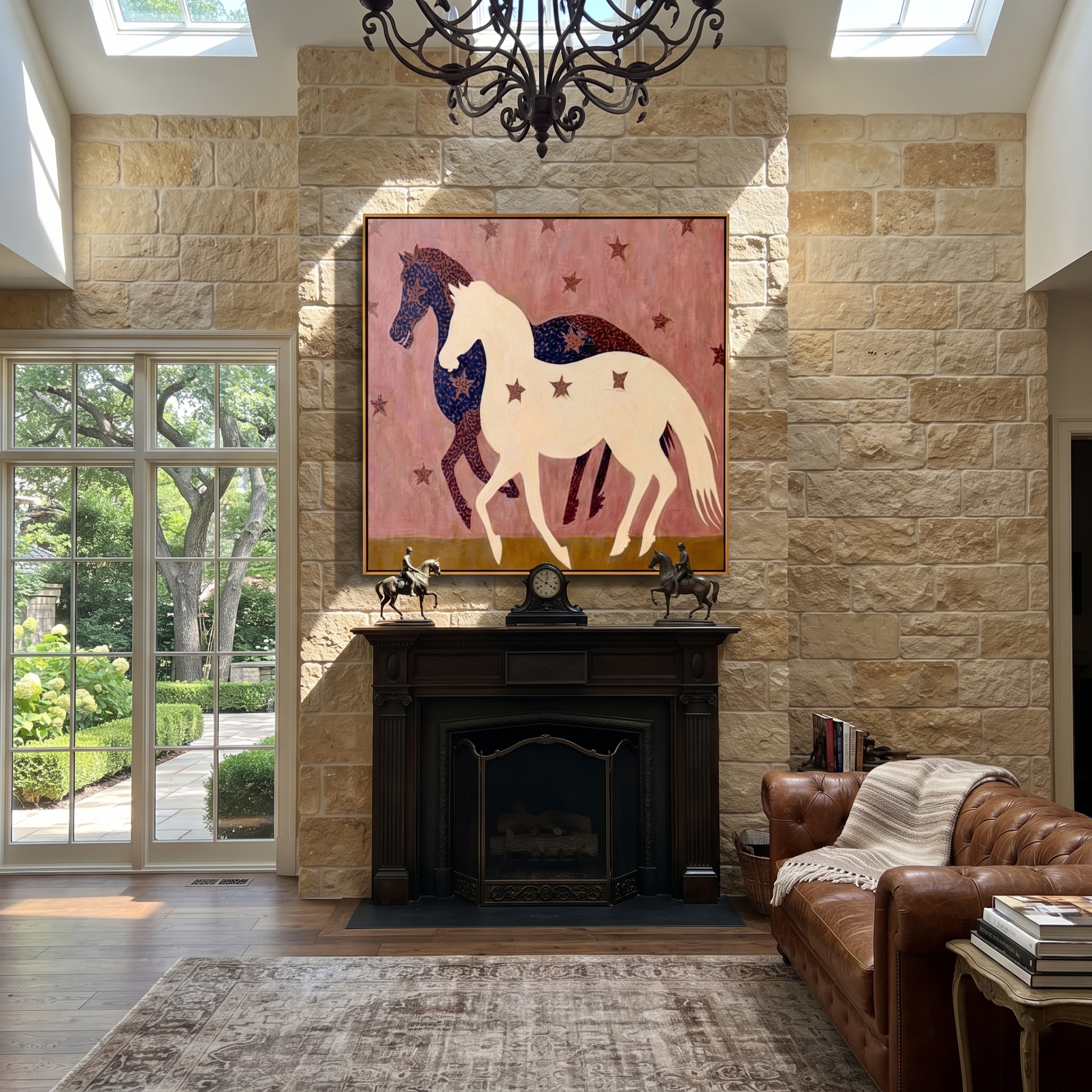 Midnight Rider Return at Dusk - two horse painting by Isabelle Laurent, modern Western square wall art – styled room scene view 5