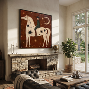 Quiet Reins Return at Dusk - horse and rider painting by Isabelle Laurent, modern Western square wall art – styled room scene view 1