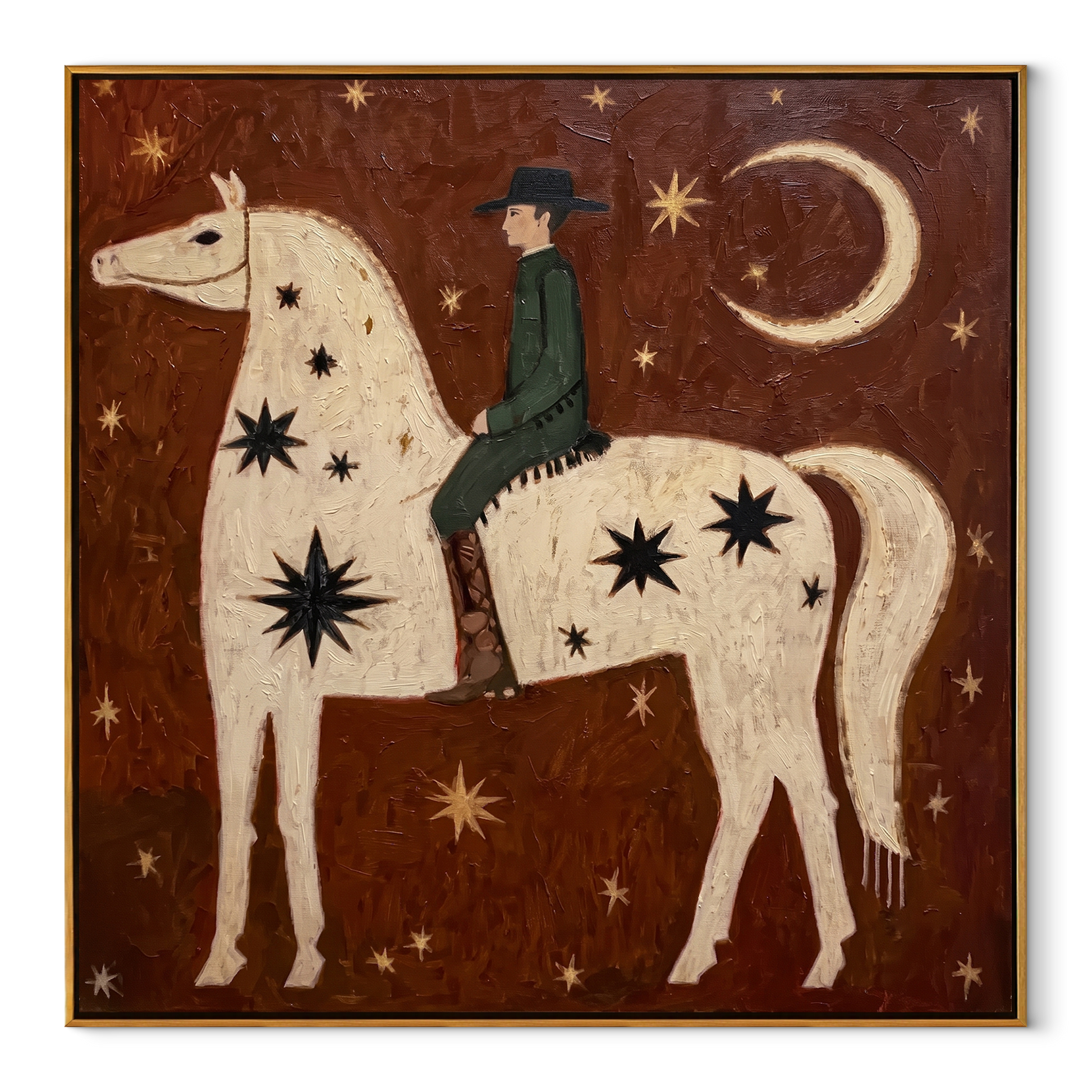 Quiet Reins Return at Dusk - horse and rider painting by Isabelle Laurent, modern Western square wall art – wood frame on white background