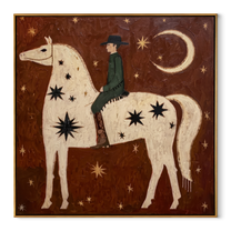 Quiet Reins Return at Dusk - horse and rider painting by Isabelle Laurent, modern Western square wall art – wood frame on white background