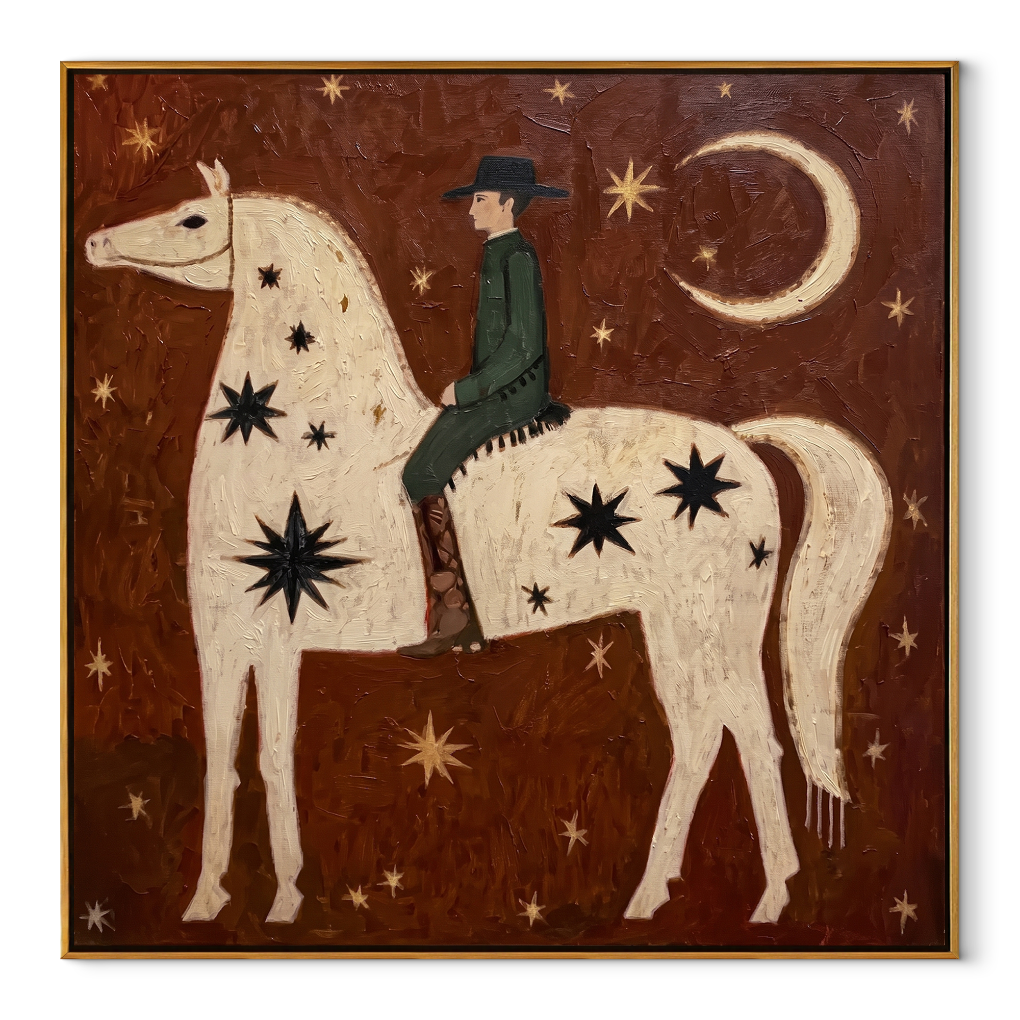 Quiet Reins Return at Dusk - horse and rider painting by Isabelle Laurent, modern Western square wall art – wood frame on white background