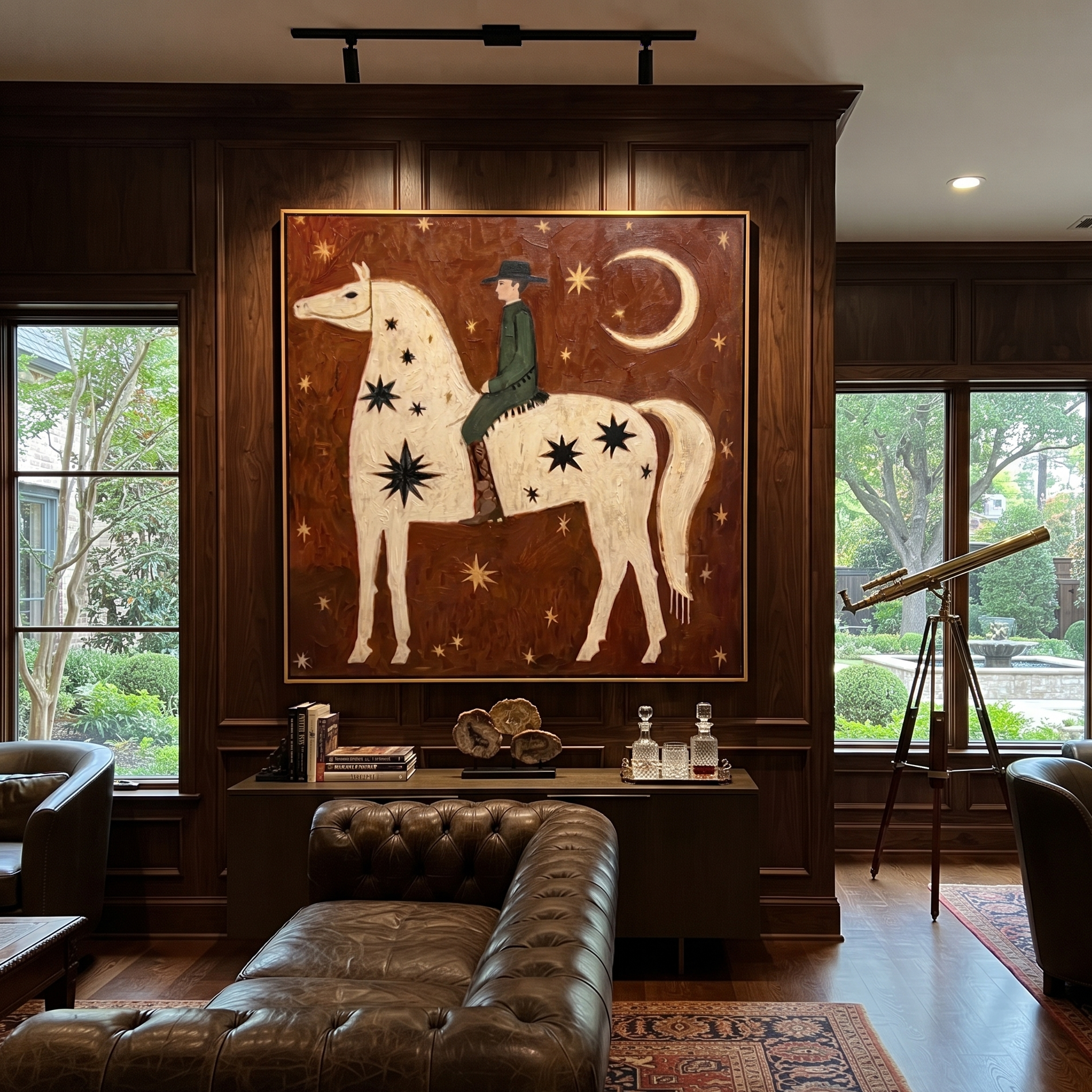 Quiet Reins Return at Dusk - horse and rider painting by Isabelle Laurent, modern Western square wall art – styled room scene view 2