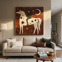 Quiet Reins Return at Dusk - horse and rider painting by Isabelle Laurent, modern Western square wall art – styled room scene view 3
