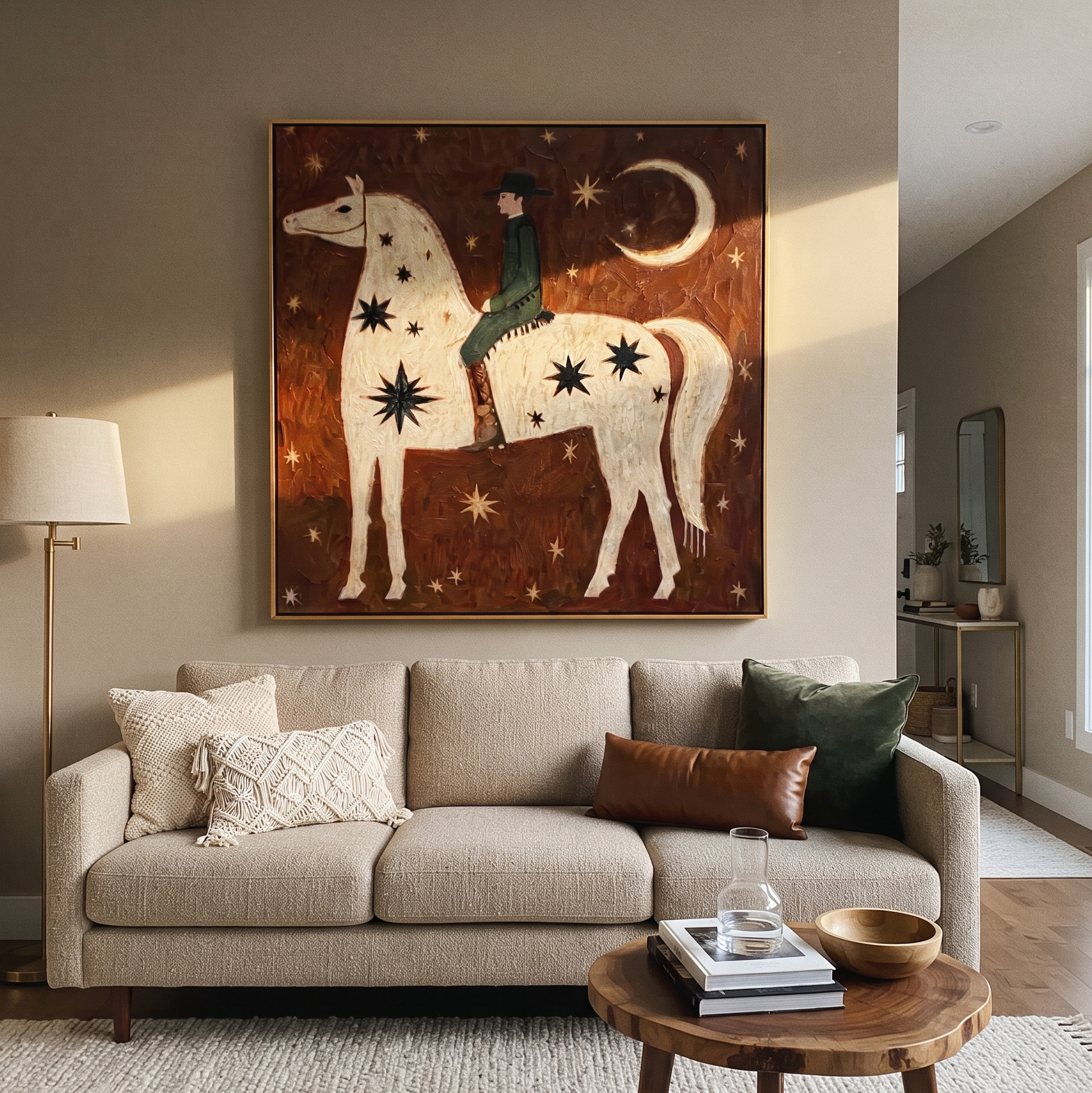 Quiet Reins Return at Dusk - horse and rider painting by Isabelle Laurent, modern Western square wall art – styled room scene view 3
