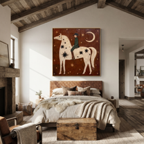 Quiet Reins Return at Dusk - horse and rider painting by Isabelle Laurent, modern Western square wall art – styled room scene view 4